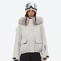 
                  
                    Women's fur trim hood snow jacket with suspender bibs - white fur trim hood jacket, for resort and cross-country days
                  
                