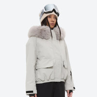 
                  
                    Women's fur trim hood snow jacket with suspender bibs - white fur trim hood jacket, for skiing and snowboarding
                  
                