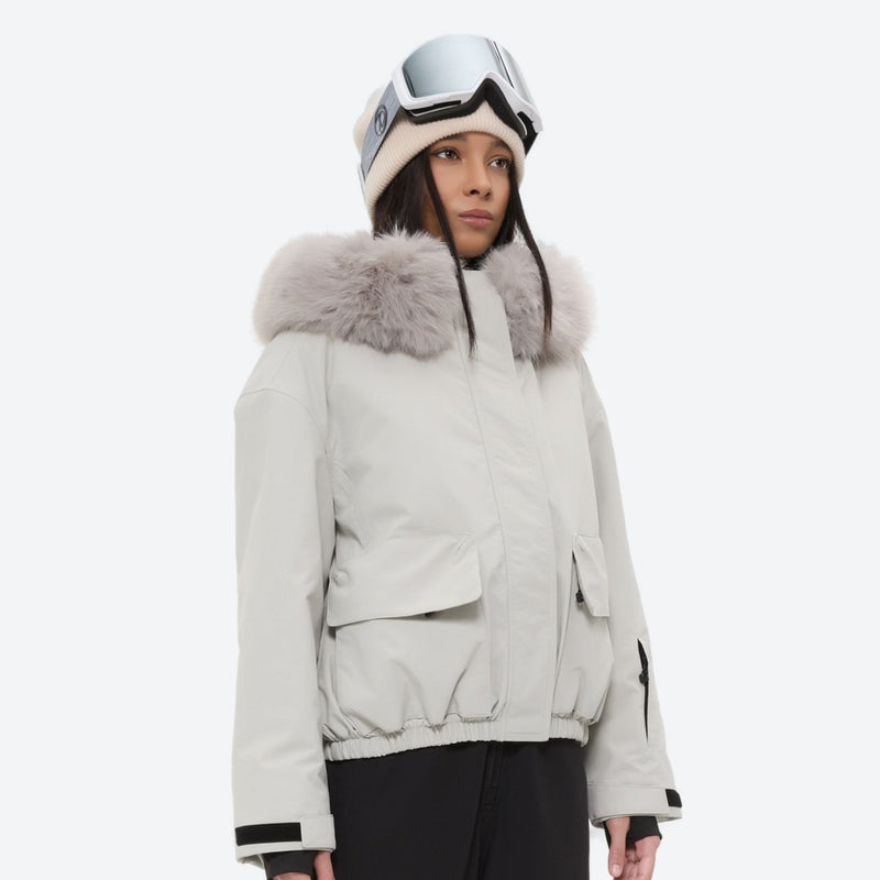 Women's fur trim hood snow jacket with suspender bibs - white fur trim hood jacket, for skiing and snowboarding