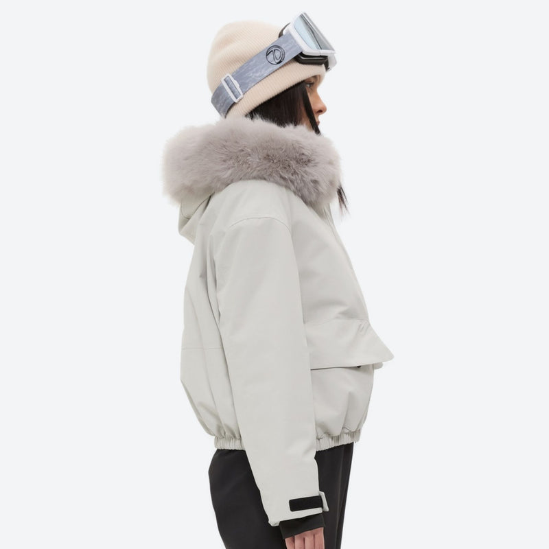 Women's 3-layer breathable ski suit set - white fur trim hood jacket, for resort and cross-country days