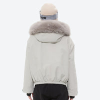 
                  
                    Women's waterproof 3L ski jacket and bib pants series - white fur trim hood jacket, for cold-weather winter sports
                  
                