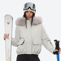 
                  
                    Women's 3-layer breathable ski suit set - white fur trim hood jacket, for cold-weather winter sports
                  
                