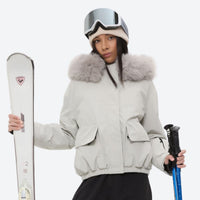 
                  
                    Women's waterproof 3L ski jacket and bib pants series - white fur trim hood jacket, for snowy mountain travel
                  
                
