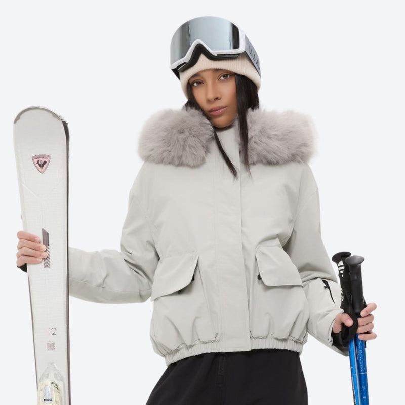 Women's waterproof 3L ski jacket and bib pants series - white fur trim hood jacket, for snowy mountain travel