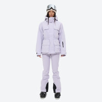 
                  
                    Women's fur trim hood snow jacket with suspender bibs - lavender jacket with lavender bib pants, for skiing and snowboarding
                  
                