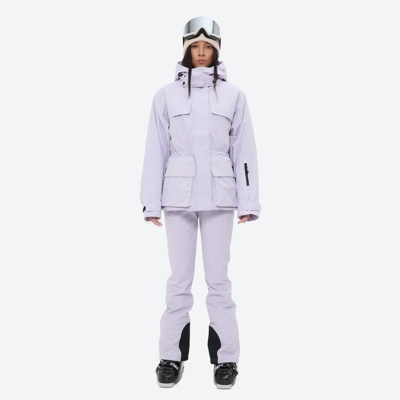 Women's fur trim hood snow jacket with suspender bibs - lavender jacket with lavender bib pants, for skiing and snowboarding