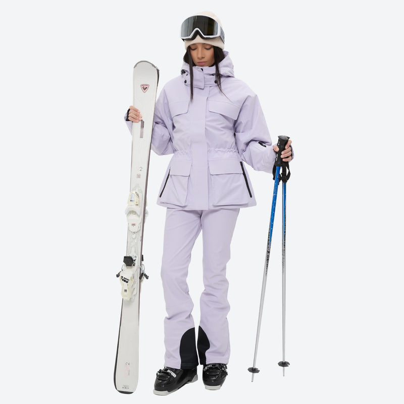 Women's 3-layer breathable ski suit set - lavender jacket with lavender bib pants, for resort and cross-country days