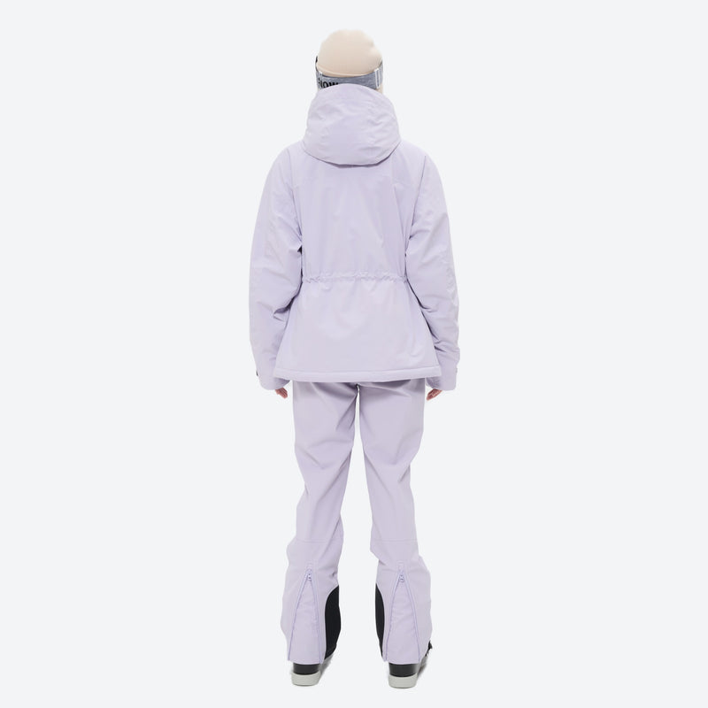 Women's waterproof 3L ski jacket and bib pants series - lavender jacket with lavender bib pants, on-model back hood view