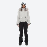 
                  
                    Women's waterproof 3L ski jacket and bib pants series - white fur trim hood jacket with black bib pants
                  
                