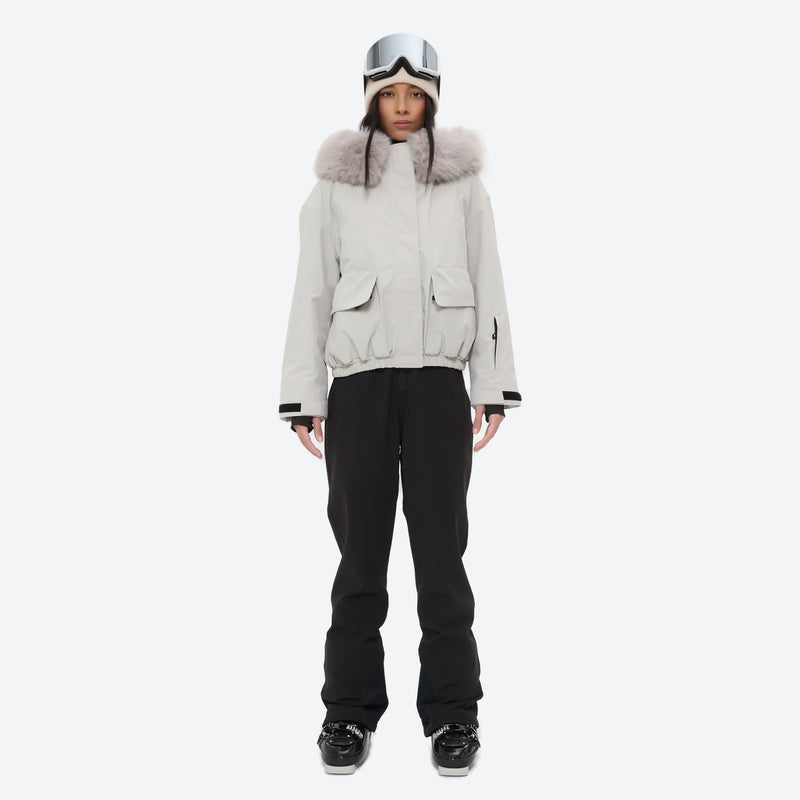 Women's waterproof 3L ski jacket and bib pants series - white fur trim hood jacket with black bib pants