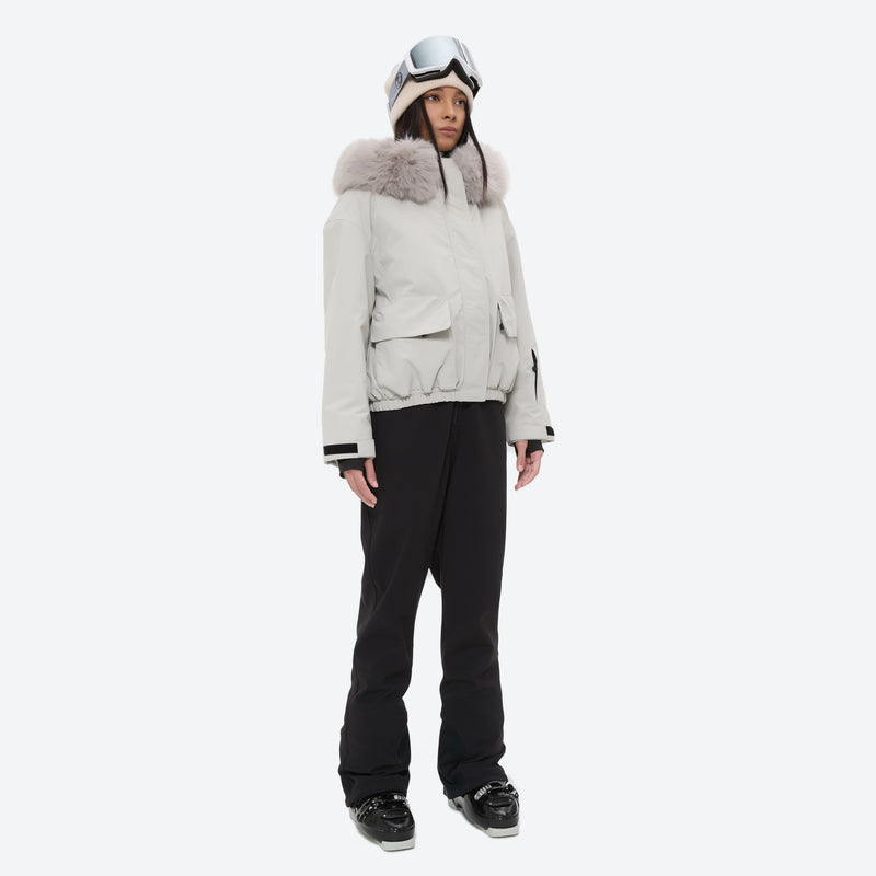 Women's 3-layer breathable ski suit set - white fur trim hood jacket with black bib pants, adjustable suspenders on bib pants