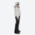 Women's fur trim hood snow jacket with suspender bibs - white fur trim hood jacket with black bib pants, on-model side view