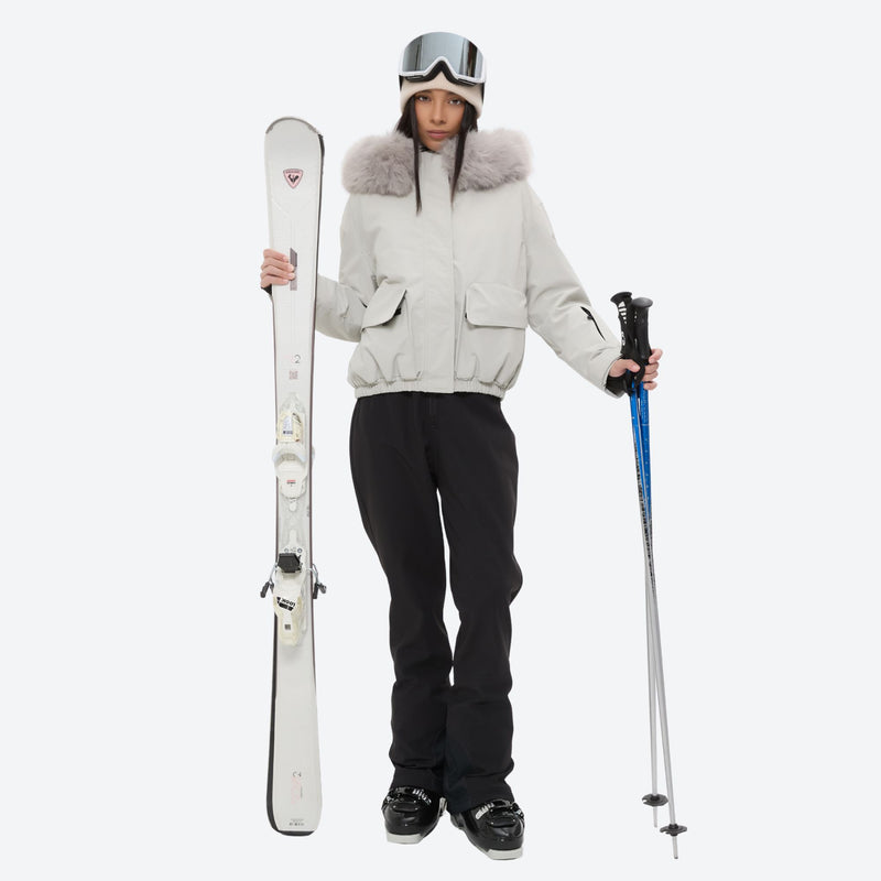 Women's fur trim hood snow jacket with suspender bibs - white fur trim hood jacket with black bib pants