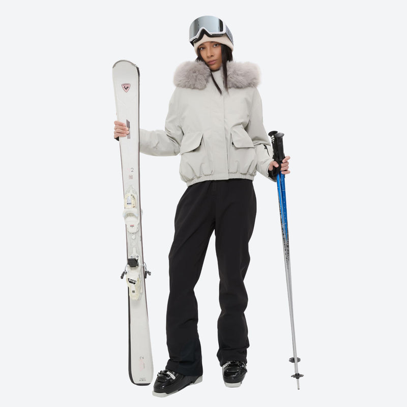 Women's 3-layer breathable ski suit set - white fur trim hood jacket with black bib pants, for skiing and snowboarding