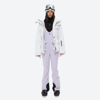 
                  
                    Women's fur trim hood snow jacket with suspender bibs - white jacket with lavender bib pants
                  
                