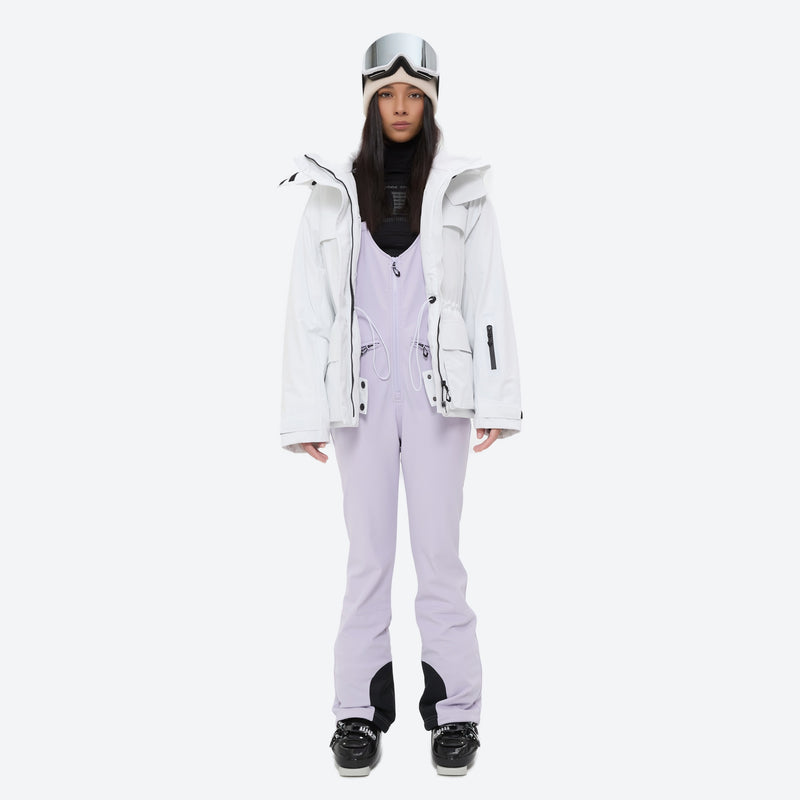 Women's fur trim hood snow jacket with suspender bibs - white jacket with lavender bib pants