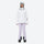 Women's fur trim hood snow jacket with suspender bibs - white jacket with lavender bib pants, for cold-weather winter sports