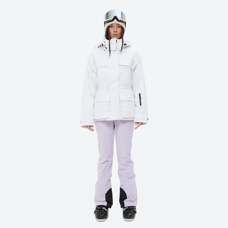 Women's fur trim hood snow jacket with suspender bibs - white jacket with lavender bib pants, for cold-weather winter sports