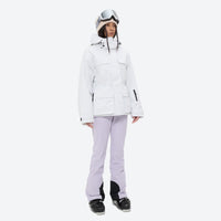 
                  
                    Women's 3-layer breathable ski suit set - white jacket with lavender bib pants, for cold-weather winter sports
                  
                
