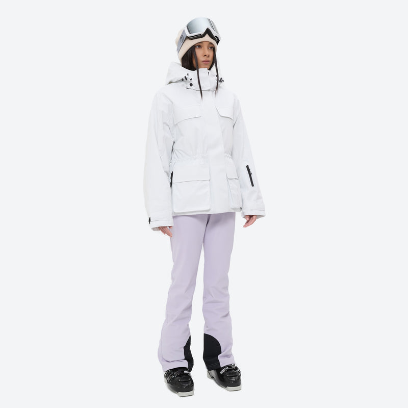 Women's 3-layer breathable ski suit set - white jacket with lavender bib pants, for cold-weather winter sports