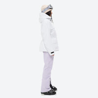 
                  
                    Women's waterproof 3L ski jacket and bib pants series - white jacket with lavender bib pants, for snowy mountain travel
                  
                