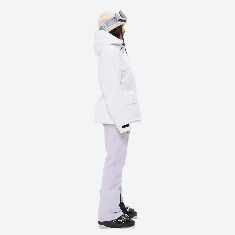Women's waterproof 3L ski jacket and bib pants series - white jacket with lavender bib pants, for snowy mountain travel