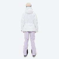 
                  
                    Women's fur trim hood snow jacket with suspender bibs - white jacket with lavender bib pants, for skiing and snowboarding
                  
                