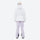 Women's fur trim hood snow jacket with suspender bibs - white jacket with lavender bib pants, for skiing and snowboarding