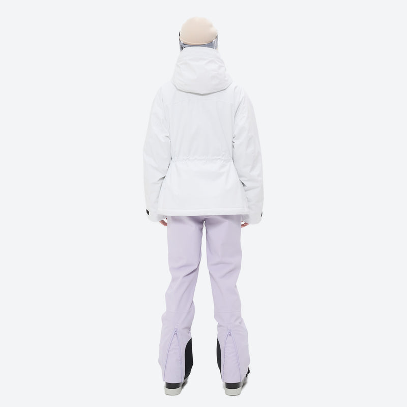 Women's fur trim hood snow jacket with suspender bibs - white jacket with lavender bib pants, for skiing and snowboarding