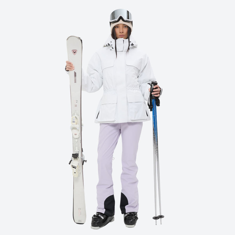 Women's 3-layer breathable ski suit set - white jacket with lavender bib pants, for snowy mountain travel