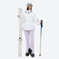 
                  
                    Women's fur trim hood snow jacket with suspender bibs - white jacket with lavender bib pants, fur trim hood blocks wind
                  
                