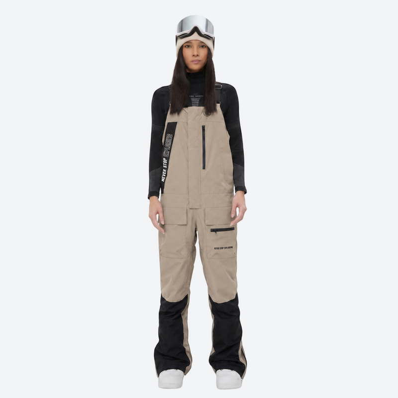 Women's waterproof 3L bib snow pants - tan bib snow pants with black top, on-model front view, for skiing and snowboarding