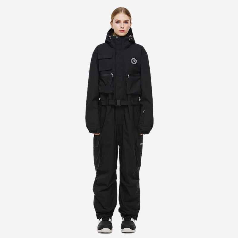 Breathable full-body ski suit with waist belt - black one-piece suit, for skiing and snowboarding