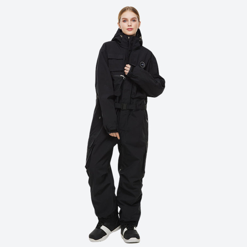 Unisex 2-layer snowboard one-piece suit - black one-piece suit, on-model three-quarter front view, for resort and street wear