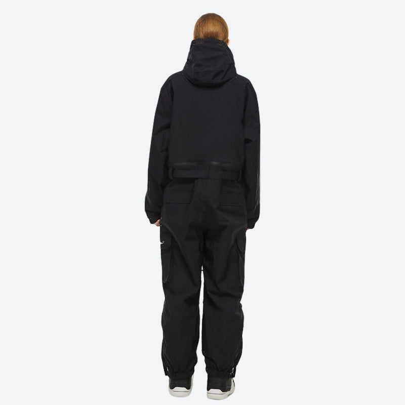 Breathable full-body ski suit with waist belt - black one-piece suit, on-model back view, for cold-weather winter sports