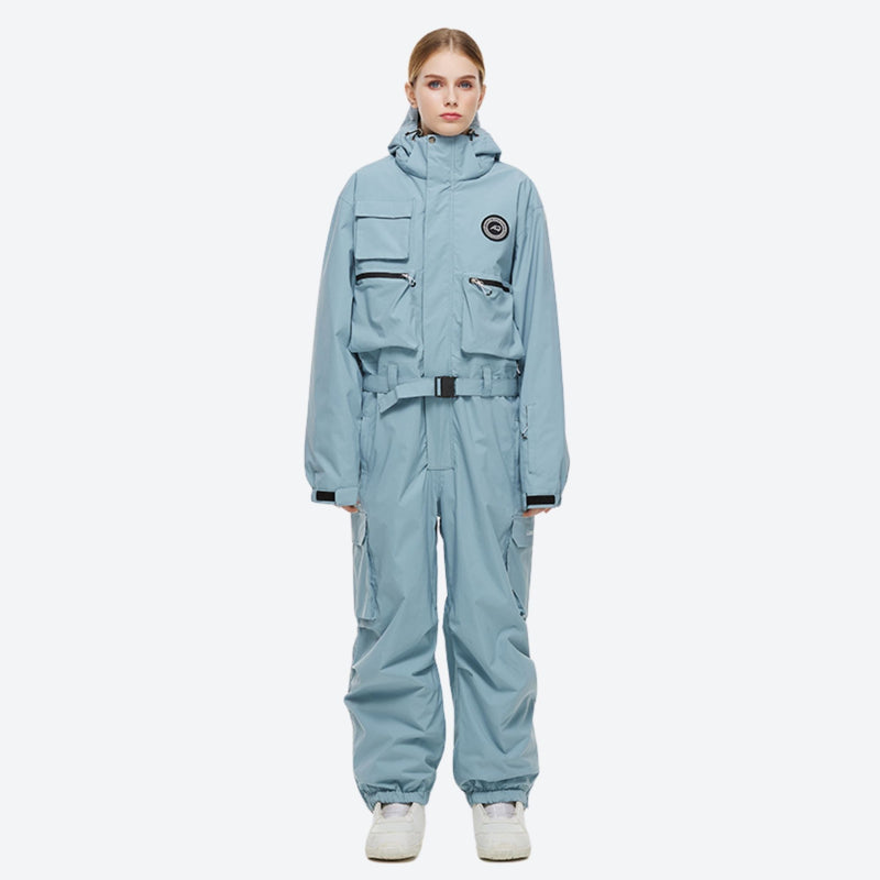 Breathable full-body ski suit with waist belt - ice blue one-piece suit, for resort and street wear