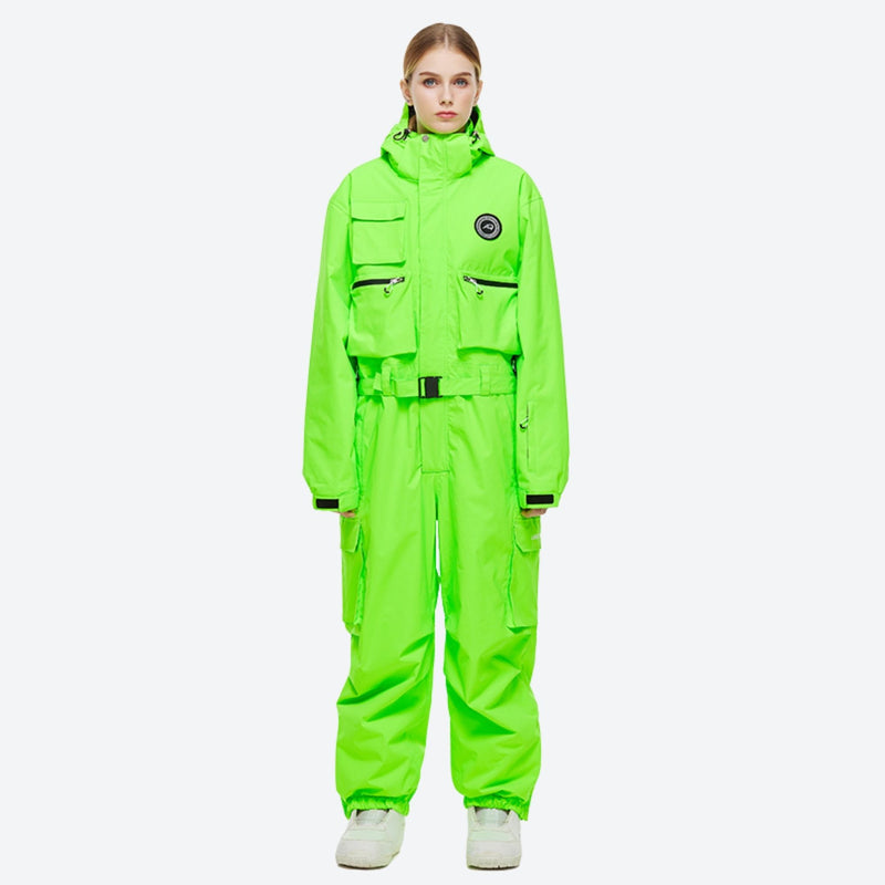 Unisex 2-layer snowboard one-piece suit - neon green one-piece suit, for powder days and winter commute