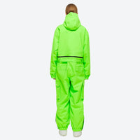 
                  
                    Breathable full-body ski suit with waist belt - neon green one-piece suit, on-model back view, for skiing and snowboarding
                  
                