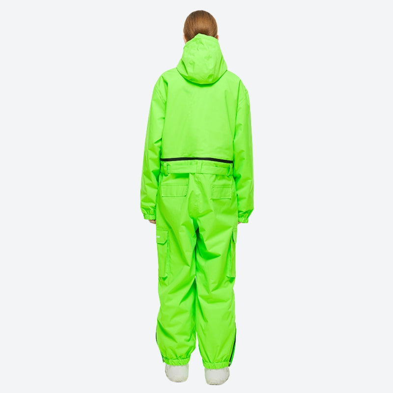 Breathable full-body ski suit with waist belt - neon green one-piece suit, on-model back view, for skiing and snowboarding