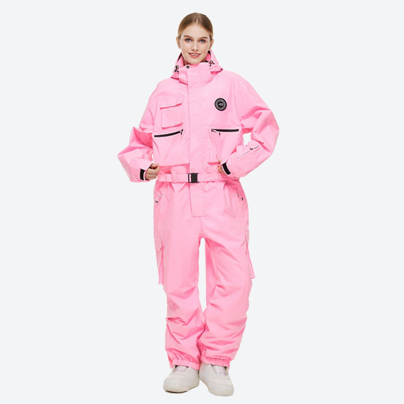 Breathable full-body ski suit with waist belt - pink one-piece suit, for cold-weather winter sports
