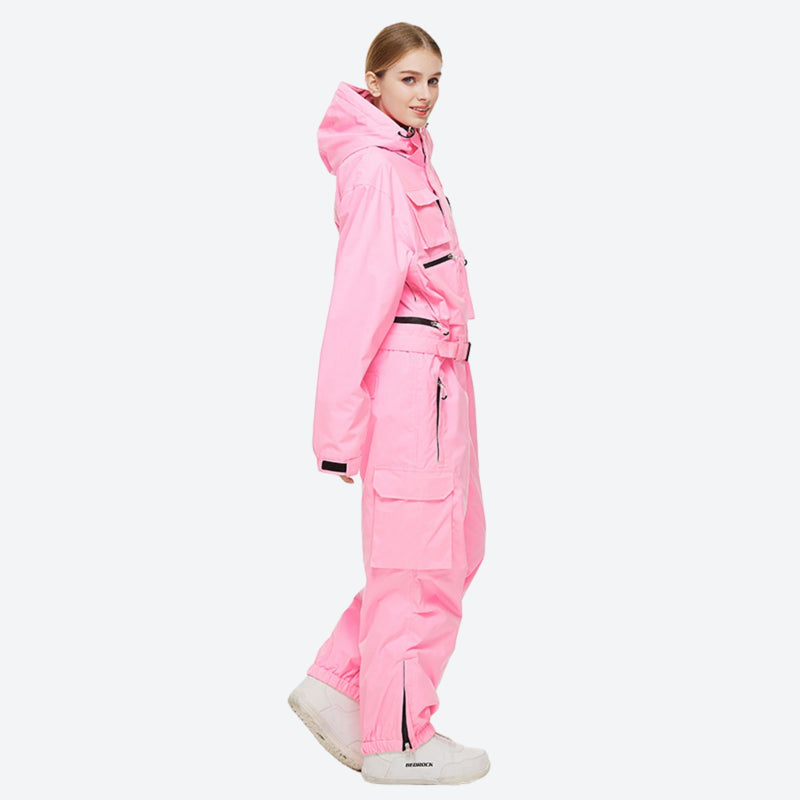 Unisex 2-layer snowboard one-piece suit - pink one-piece suit, on-model side view, for skiing and snowboarding