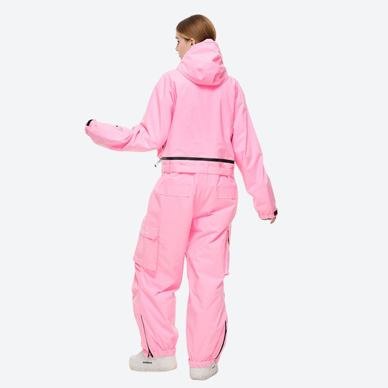 Unisex waterproof 2L one-piece snow suit - pink one-piece suit, on-model back view, for resort and street wear