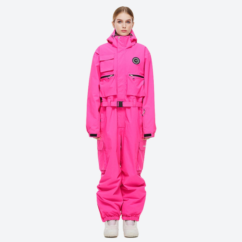 Breathable full-body ski suit with waist belt - rose red one-piece suit, for powder days and winter commute