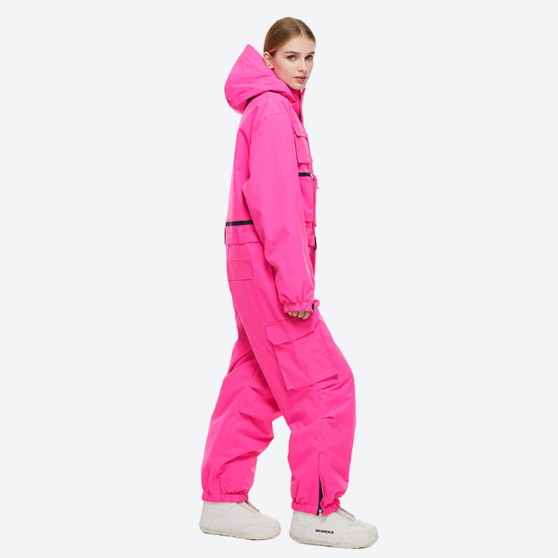 Unisex waterproof 2L one-piece snow suit - rose red one-piece suit, on-model side view, for skiing and snowboarding