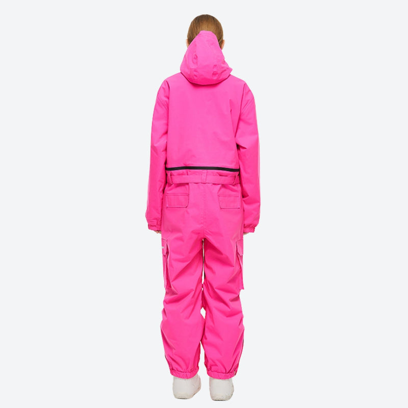 Breathable full-body ski suit with waist belt - rose red one-piece suit, on-model back view, for resort and street wear