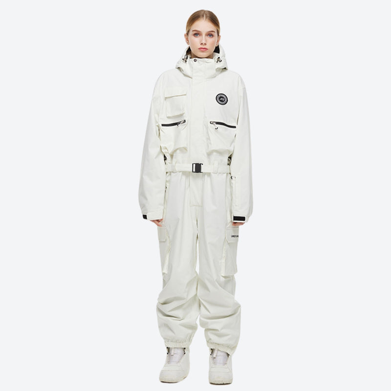 Breathable full-body ski suit with waist belt - white one-piece suit, for powder days and winter commute