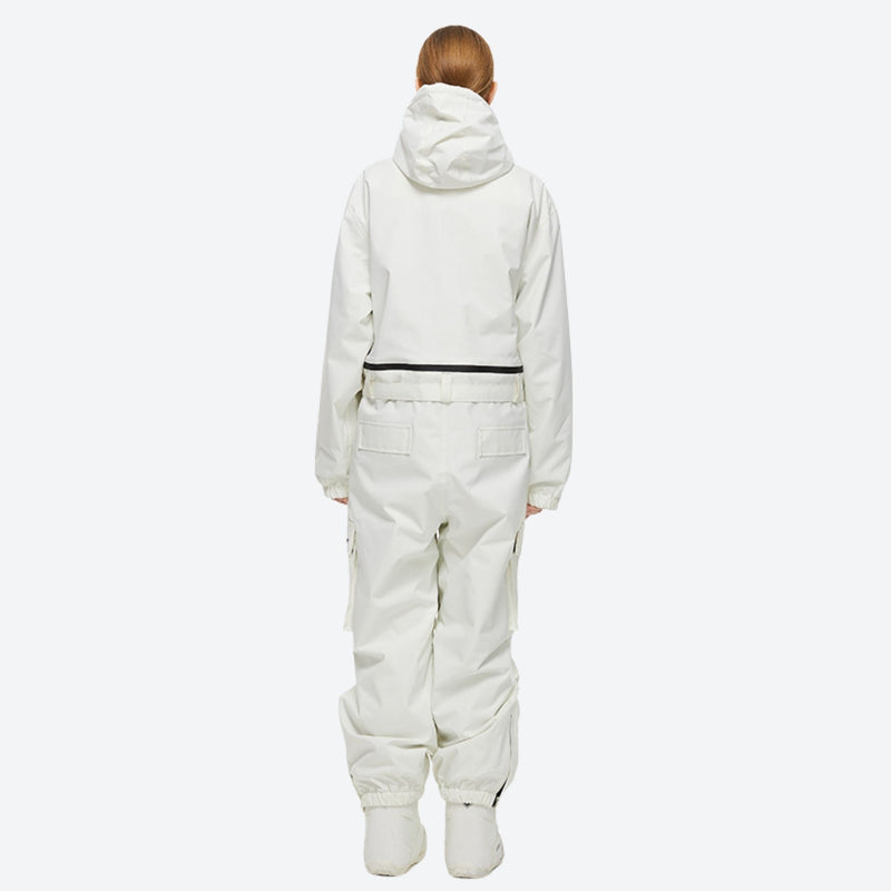 Unisex waterproof 2L one-piece snow suit - white one-piece suit, on-model back view, for skiing and snowboarding