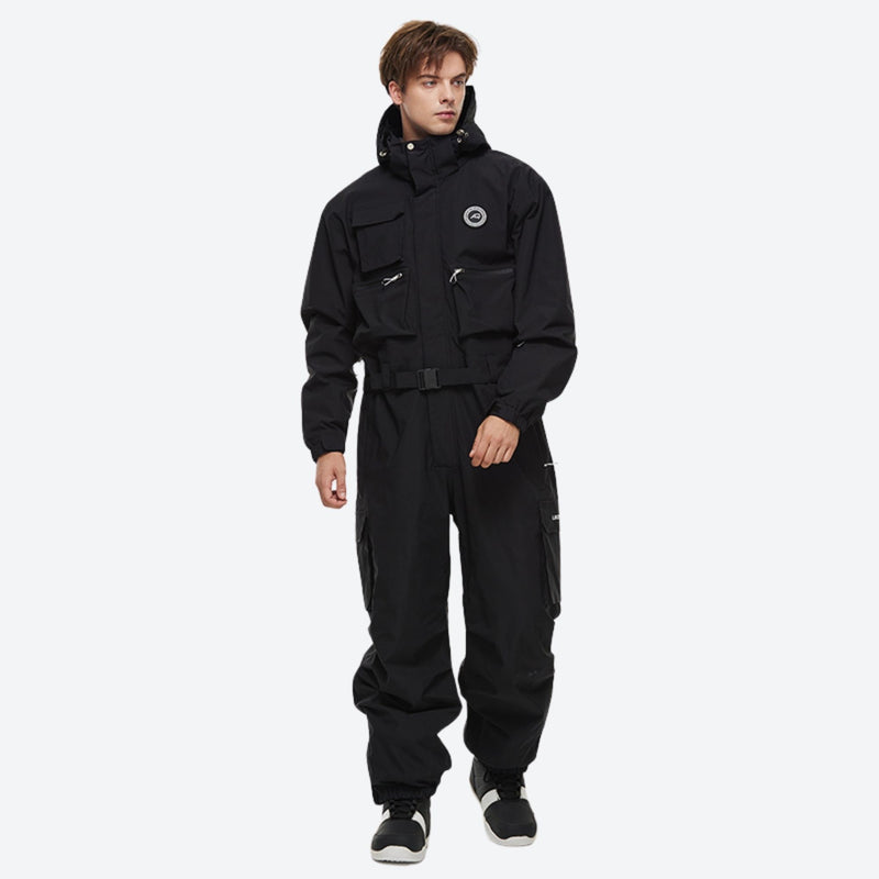 Unisex 2-layer snowboard one-piece suit - black one-piece suit, on-model full-body front view, for skiing and snowboarding