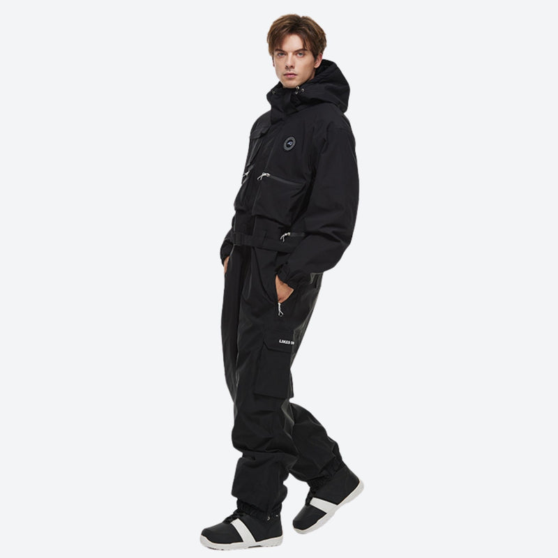 Unisex waterproof 2L one-piece snow suit - black one-piece suit, for resort and street wear