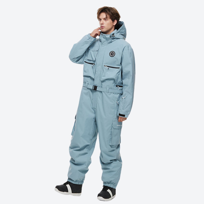Breathable full-body ski suit with waist belt - ice blue one-piece suit, for skiing and snowboarding